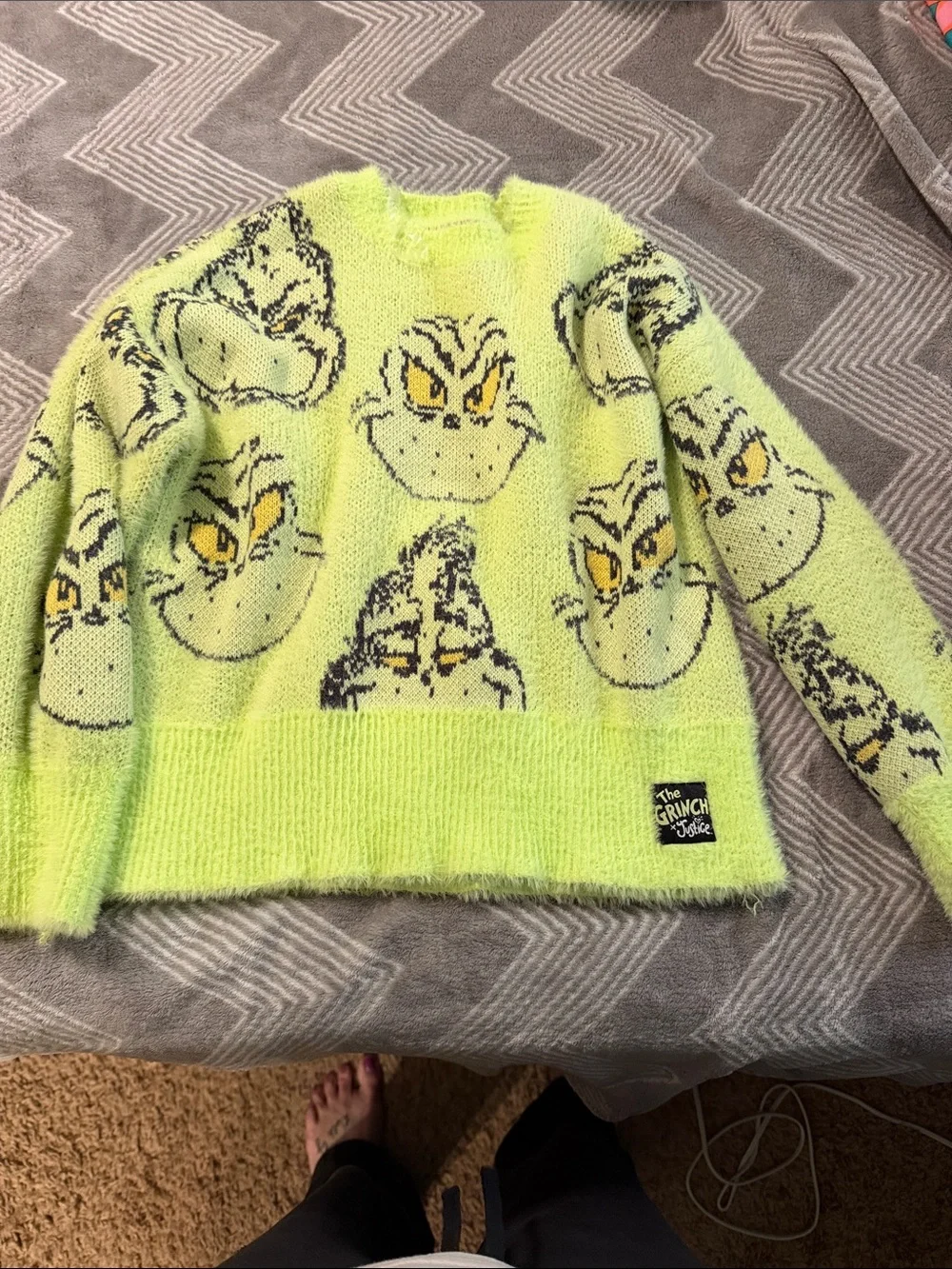 Justice Neon Green Grinch Face Fuzzy Sweater